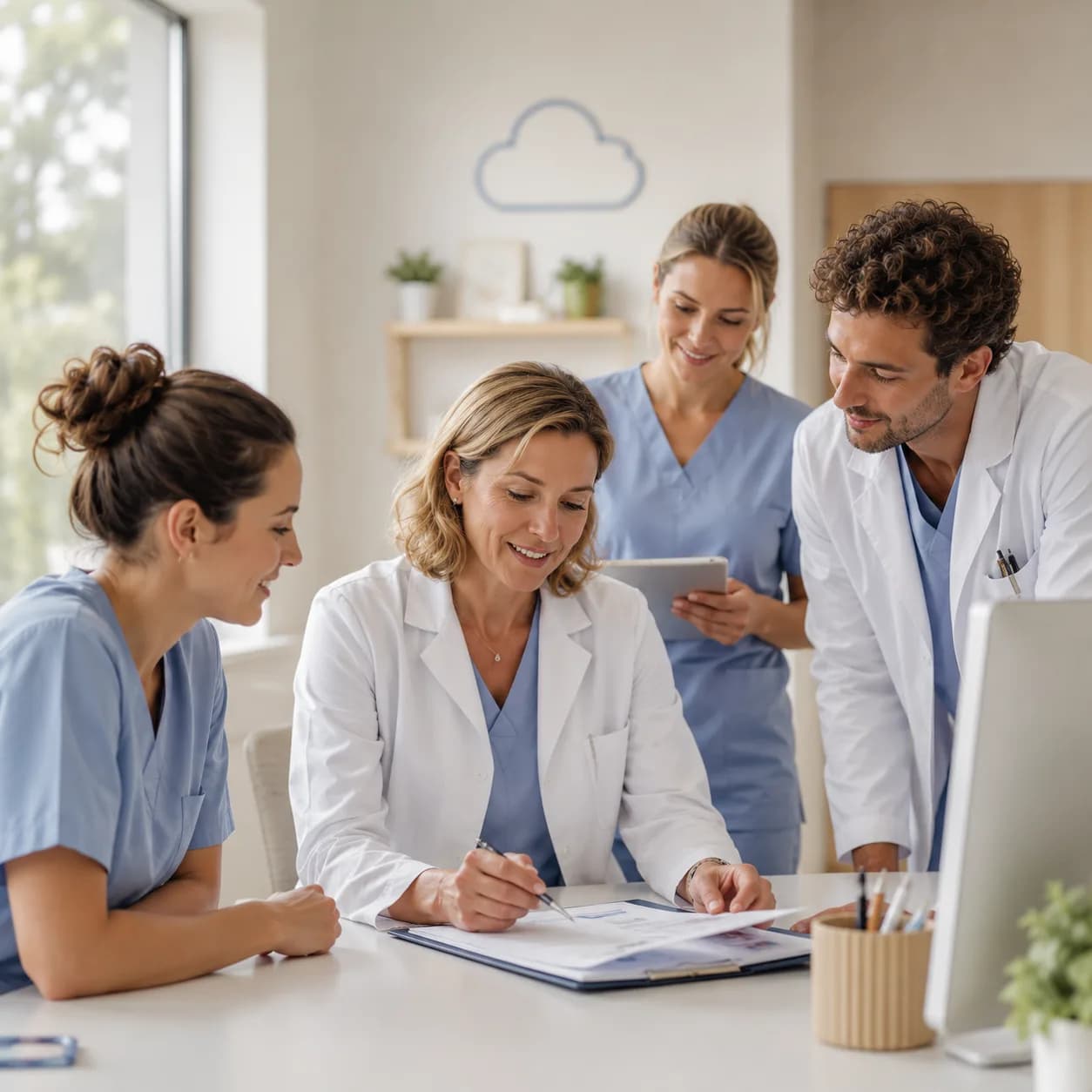Lékaři a zdravotní sestry Opatovské pediatrie nad dokumentací